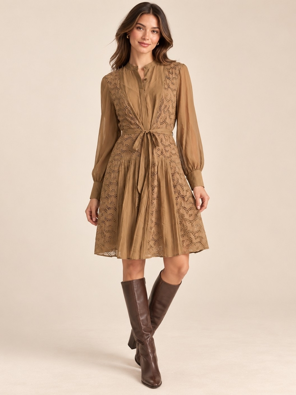 Rebecca Taylor Sarafina Eyelet Silk Dress Brown Size 12 Belted